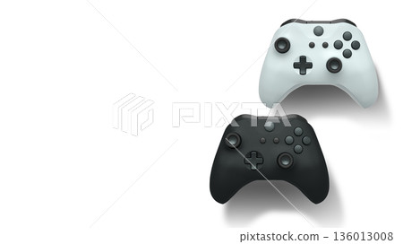 Wireless gaming controllers flying in air isolated on white background, symbolizing gaming technology concept 136013008