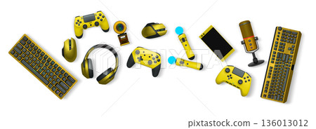 Gaming accessories like controllers, VR headset, headphones, keyboard, and microphone on white background with clipping path 136013012