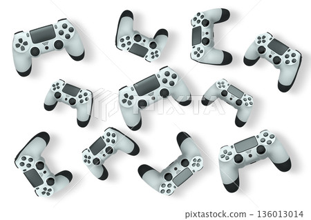 Wireless gaming controllers flying in air isolated on white background, symbolizing gaming technology concept 136013014