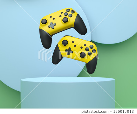 Colorful gaming controllers joystick levitating over podium against abstract background, minimalist concept device on pedestal Colorful gaming controllers joystick levitating over podium against abstract background, minimalist concept device on pedestal 136013018