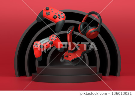 Game controllers, headphones, and joystick floating over podium with abstract background, representing modern gaming equipment Game controllers, headphones, and joystick floating over podium with abstract background, representing modern gaming equipment 136013021