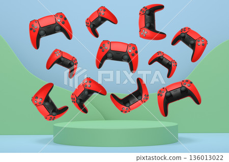 Colorful gaming controllers joystick levitating over podium against abstract background, minimalist concept device on pedestal Colorful gaming controllers joystick levitating over podium against abstract background, minimalist concept device on pedestal 136013022