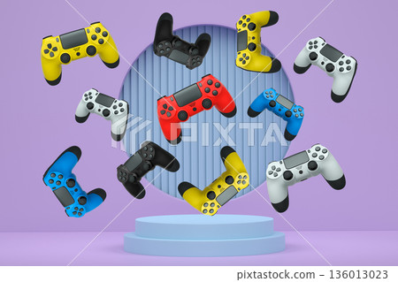 Colorful gaming controllers joystick levitating over podium against abstract background, minimalist concept device on pedestal 136013023