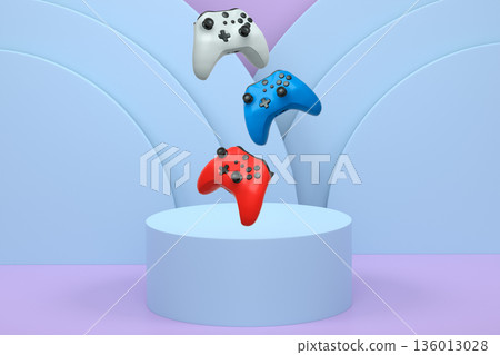 Colorful gaming controllers joystick levitating over podium against abstract background, minimalist concept device on pedestal Colorful gaming controllers joystick levitating over podium against abstract background, minimalist concept device on pedestal 136013028