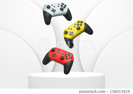 Colorful gaming controllers joystick levitating over podium against abstract background, minimalist concept device on pedestal Colorful gaming controllers joystick levitating over podium against abstract background, minimalist concept device on pedestal 136013029