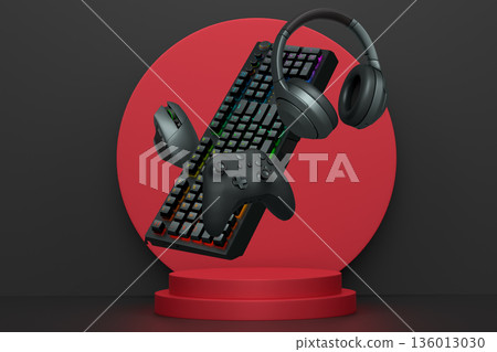 Gaming keyboard, mouse, controllers, and headphones floating above podium on abstract pastel background, symbolizing games Gaming keyboard, mouse, controllers, and headphones floating above podium on abstract pastel background, symbolizing games 136013030