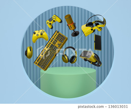 Multiple gaming devices and accessories floating above podium against abstract background, concept of modern gaming tech Multiple gaming devices and accessories floating above podium against abstract background, concept of modern gaming tech 136013031