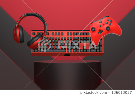 Gaming keyboard, controller, and headphones float in air on pastel background with podium, concept of gaming setup 136013037