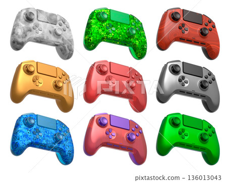Collection of gaming controllers isolated on white background with clipping path 136013043