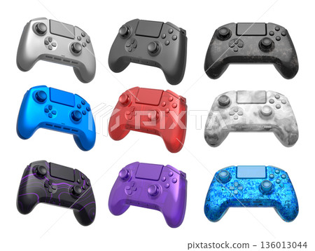 Collection of gaming controllers isolated on white background with clipping path Collection of gaming controllers isolated on white background with clipping path 136013044
