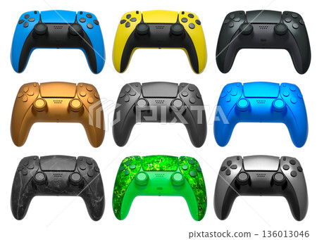 Collection of gaming controllers isolated on white background with clipping path Collection of gaming controllers isolated on white background with clipping path 136013046