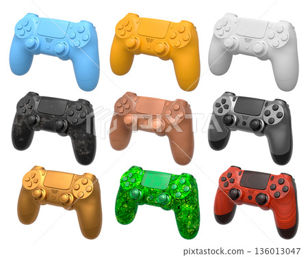 Collection of gaming controllers isolated on white background with clipping path 136013047