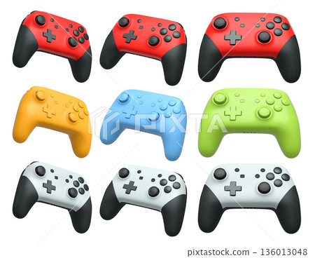 Collection of gaming controllers isolated on white background with clipping path 136013048