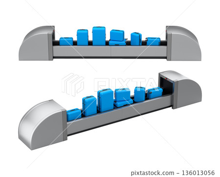 Set of Airport luggage conveyor belt or baggage claim area with suitcases on white. 136013056