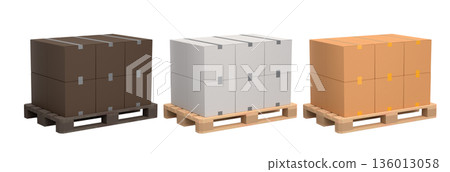 Set of wooden pallet for warehouse cargo storage with cardboard boxes on white 136013058