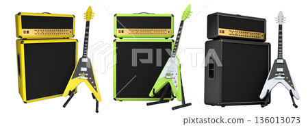 Set of amplifier with acoustic guitar isolated on white background. 136013073