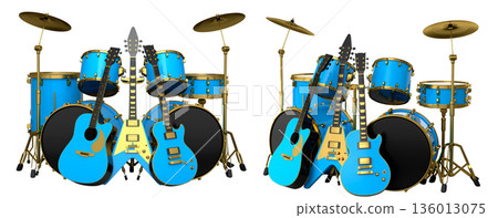 Set of realistic drums with metal cymbals on stand and acoustic guitars on white 136013075