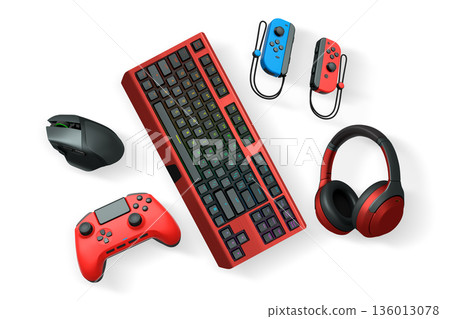 Gaming keyboard, mouse, headphones, and controllers on white background with clipping path. Concept of gaming gear collection 136013078