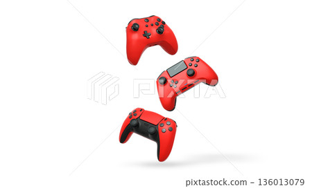 Wireless gaming controllers flying in air isolated on white background, symbolizing gaming technology concept 136013079
