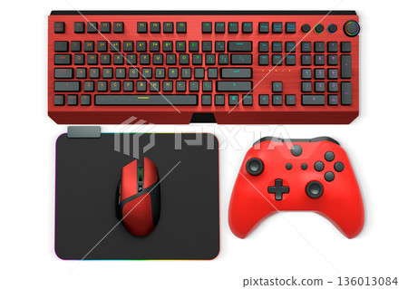 Gaming mouse, controller, RGB keyboard and headphones displayed in flat lay style isolated on white background with clipping path. 136013084