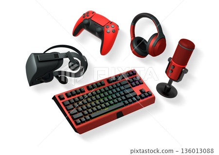 Gaming accessories including VR headset, RGB keyboard, headphones, and microphone shown isolated on white background 136013088