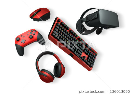 Collection of gaming accessories like headset, mouse, controller, keyboard, and VR gear on white background with clipping path 136013090