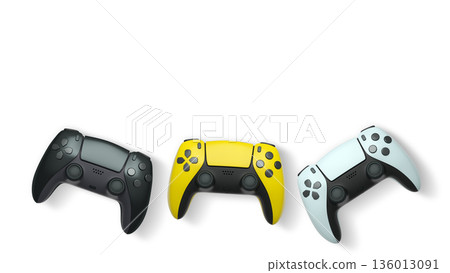 Wireless gaming controllers flying in air isolated on white background, symbolizing gaming technology concept 136013091
