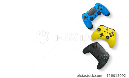 Wireless gaming controllers flying in air isolated on white background, symbolizing gaming technology concept 136013092