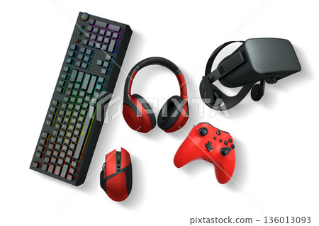 Collection of gaming accessories like headset, mouse, controller, keyboard, and VR gear on white background with clipping path 136013093
