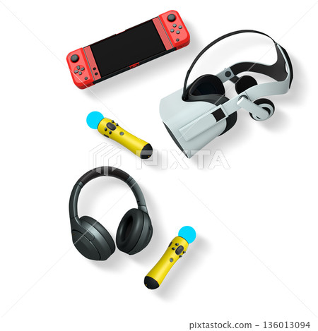 Gaming console, VR headset, wireless headphones, and motion controllers isolated on white background with clipping path 136013094