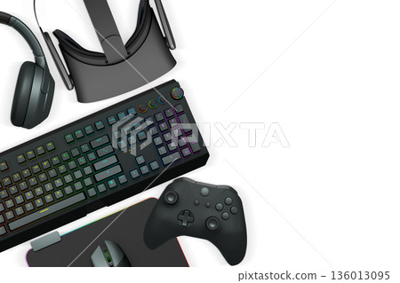 Collection of gaming accessories including headset, controller, keyboard, and VR gear on white background with clipping path 136013095