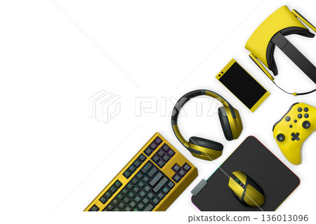 Collection of gaming accessories including headset, controller, keyboard, and VR gear on white background with clipping path Collection of gaming accessories including headset, controller, keyboard, and VR gear on white background with clipping path 136013096