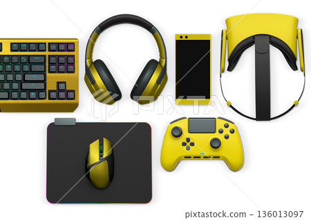 Gaming keyboard with RGB lighting, controllers, VR headset, mouse and headphones isolated on white background with clipping path Gaming keyboard with RGB lighting, controllers, VR headset, mouse and headphones isolated on white background with clipping path 136013097