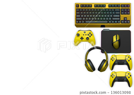 Gaming mouse, controller, RGB keyboard and headphones displayed in flat lay style isolated on white background with clipping path. 136013098