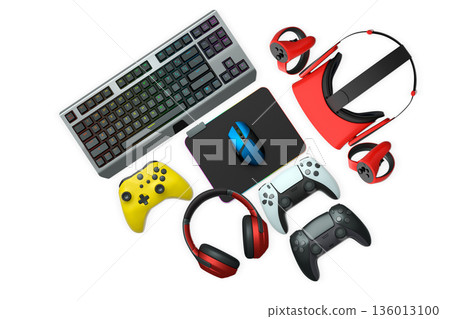 Gaming keyboard with RGB lighting, controllers, VR headset, mouse and headphones isolated on white background with clipping path 136013100