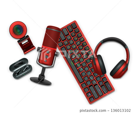 Gaming and streaming accessories including RGB keyboard, headphones, mic, webcam, earbuds on white background 136013102
