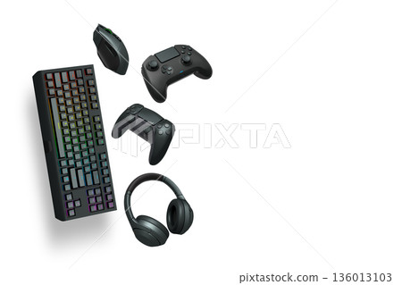 Gaming keyboard, mouse, controller and headphones floating in air, isolated on white background with clipping path. 136013103