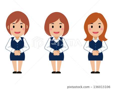 A young woman in navy office wear smiling with her hands folded in front of her A young woman in navy office wear smiling with her hands folded in front of her 136013106