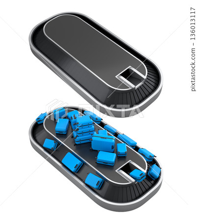 Set of Airport luggage conveyor belt or baggage claim area with suitcases on white. 136013117