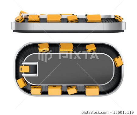 Set of Airport luggage conveyor belt or baggage claim area with suitcases on white. 136013119