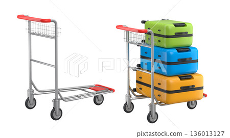 Set of Regular suitcase on hotel trolley cart for carrying baggage on white background Set of Regular suitcase on hotel trolley cart for carrying baggage on white background 136013127