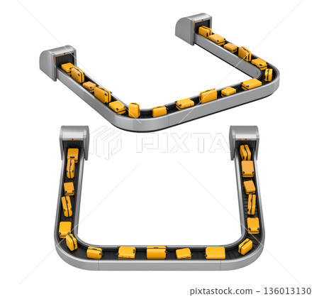 Set of Airport luggage conveyor belt or baggage claim area with suitcases on white. 136013130