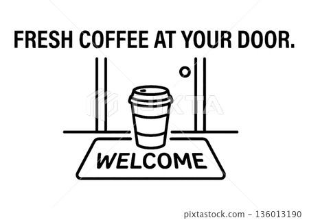 Doorstep Coffee Delivery Concept Illustration. Takeaway Cup on Welcome Mat in Front of Door Line Art. Doorstep Coffee Delivery Concept Illustration. Takeaway Cup on Welcome Mat in Front of Door Line Art. 136013190