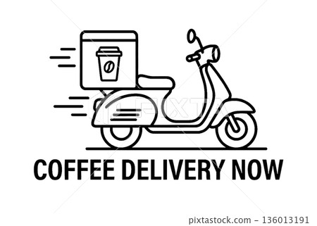 Fast Coffee Delivery Scooter Line Art Illustration. Motor Moped with Delivery Box and Text Isolated on White. 136013191
