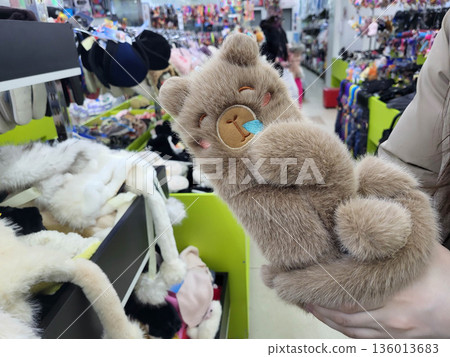There are funny brown fur mittens shaped like capybaras on the store's shelf. 136013683