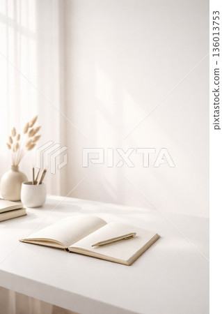 一張極簡風格的桌面插畫背景，白色筆記本在晨光和希望的襯托下顯得格外醒目。 136013753