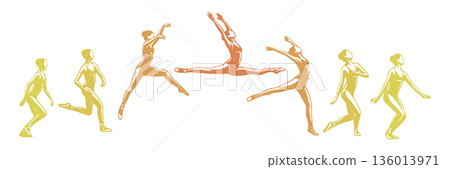 Colorful ballet dancer silhouettes in orange and yellow gradient material Colorful ballet dancer silhouettes in orange and yellow gradient material 136013971