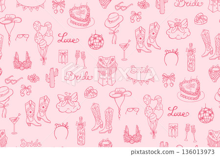 Hand Drawn Cowgirl Cowboy Whimsical Pattern Sketch Coquette Doodle Vintage Western Texas Background 136013973