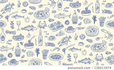 Mediterranean Doodle Food Seamless Pattern Italian Spanish Cuisine Hand Drawn Cooking Background 136013974