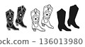 Cowgirl Boots Hand Drawn Sketch Doodle Silhouette Engraving Set American Traditional Cowboy Boots 136013980